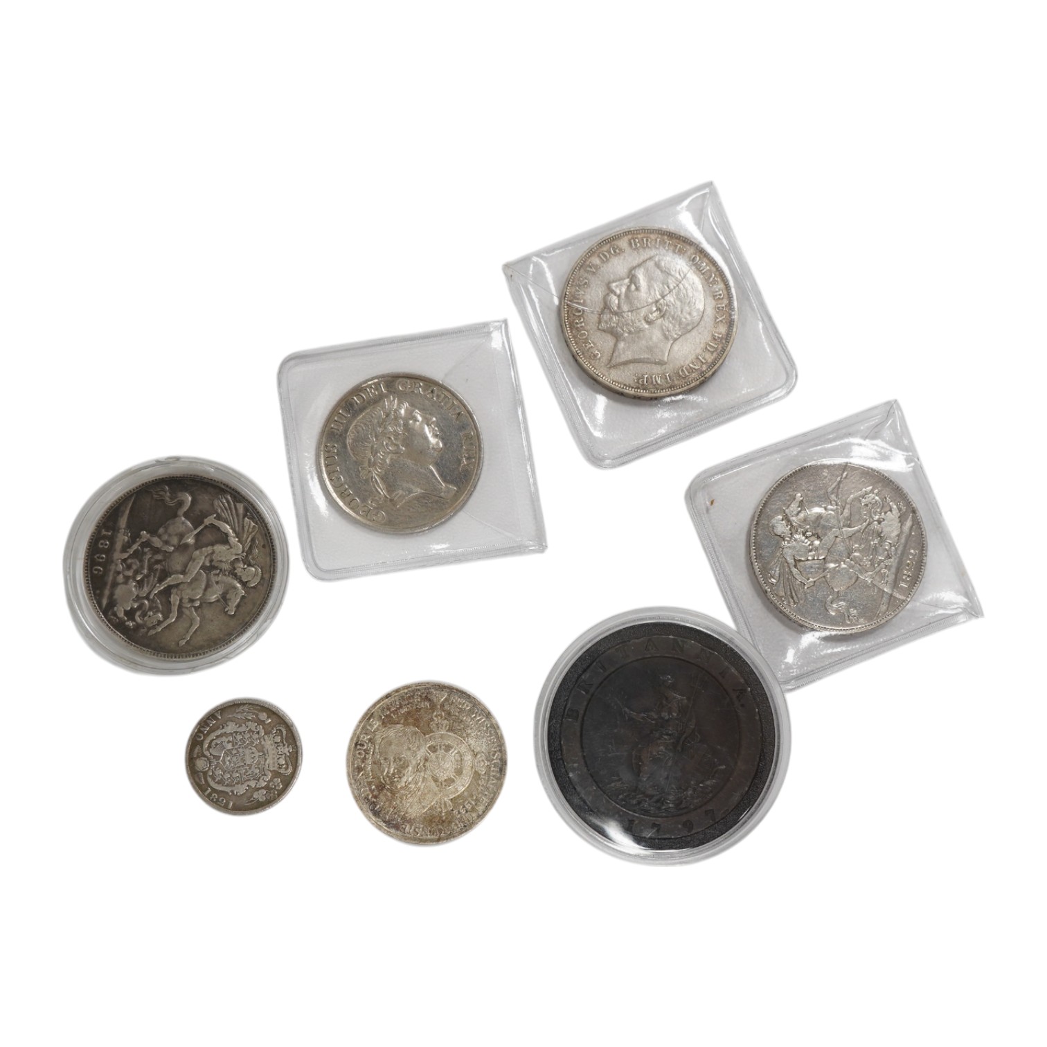 British silver coins, 1822 crown, 1896 crown, 1935 crown, 1797 2d etc. 1811 bank token together with a George III cartwheel twopence, Soho mint, fine or better